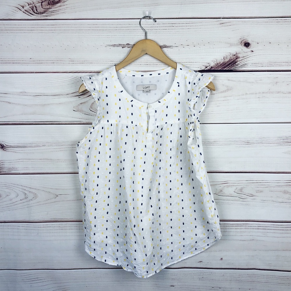 LOFT White and Blue Ruffle Sleeve Top - Picture 2 of 7